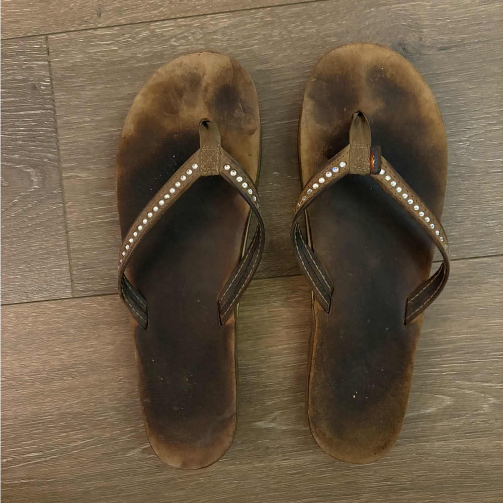 Rainbow Brown Leather Flip Flop Sandals with Rhinestone Straps